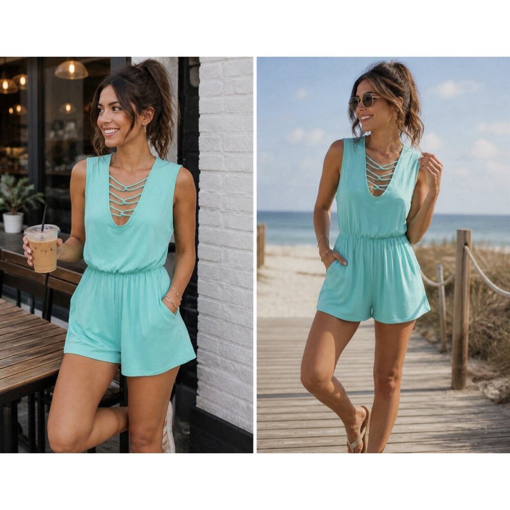 Boutique Mint Green Romper Small Lace-Up Front Sleeveless Elastic Waist Soft